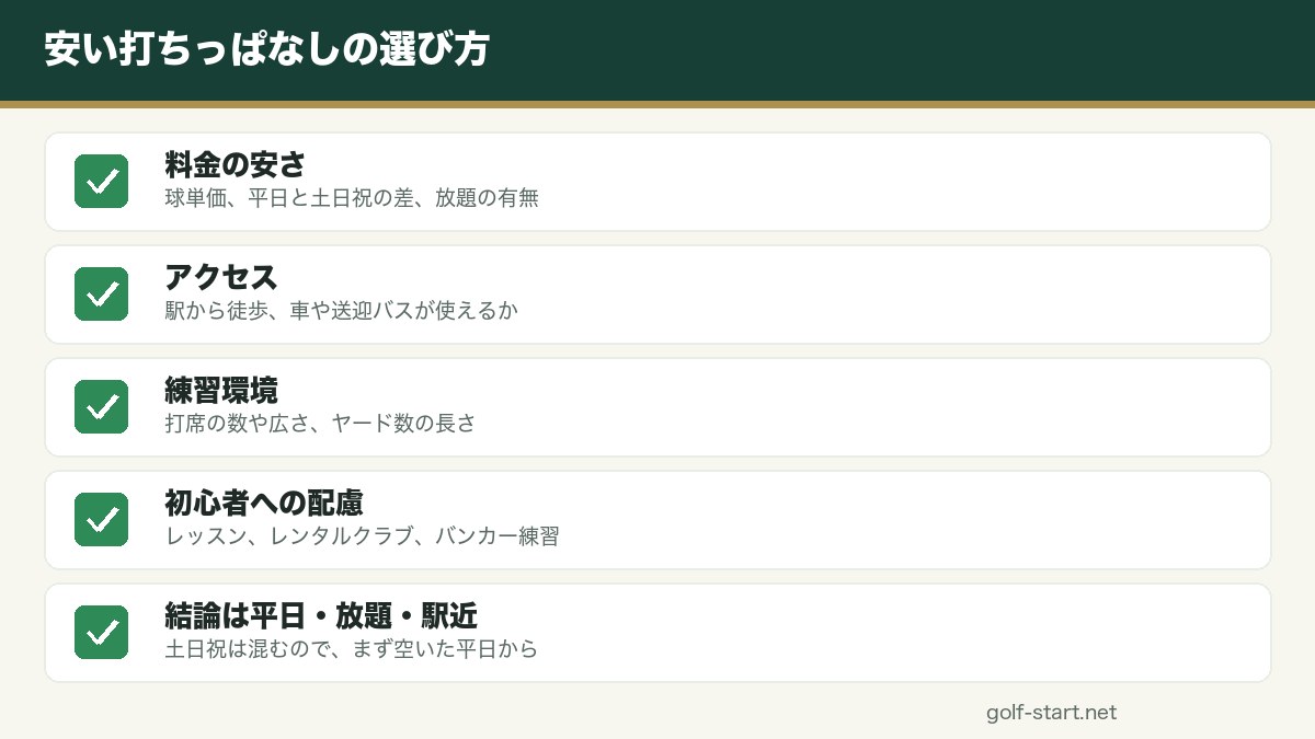 東京の安い打ちっぱなし穴場7選の選定基準と結論の図解
